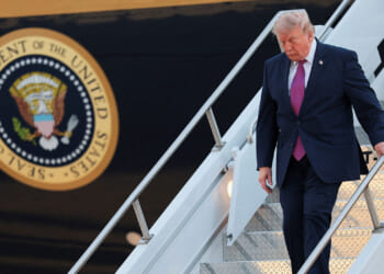 President Donald Trump deboards the new Air Force One, a plane gifted by Qatar, upon arrival at Ellsworth Air Force Base in Belle Fourche-Cheyenne Valleys, South Dakota, U.S., July 3, 2026. REUTERS/Kylie Cooper