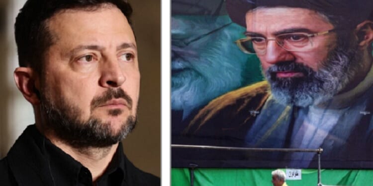 Ukraine President Volodomyr Zelenskyy, left; a street poster of Iranian "supreme leader" Mojtaba Khamenei, right.