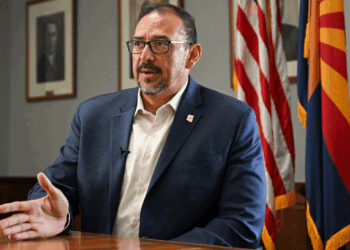 Arizona Secretary of State Adrian Fontes speaks during an interview with AFP in Phoenix, Arizona on June 4, 2024. (Patrick T. Fallon/AFP via Getty Images)