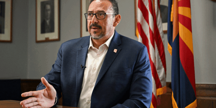 Arizona Secretary of State Adrian Fontes speaks during an interview with AFP in Phoenix, Arizona on June 4, 2024. (Patrick T. Fallon/AFP via Getty Images)