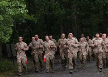 Marine Corps officer candidates participate in the Montford Point Challenge at Officer Candidate School at Marine Corps Base Quantico on June 23, 2026, in Quantico, Virginia.