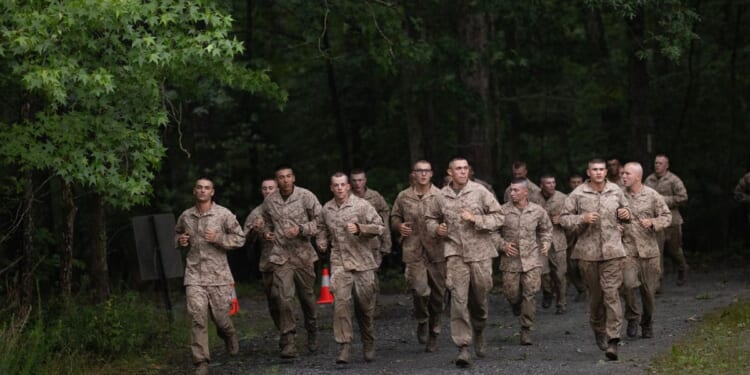 Marine Corps officer candidates participate in the Montford Point Challenge at Officer Candidate School at Marine Corps Base Quantico on June 23, 2026, in Quantico, Virginia.