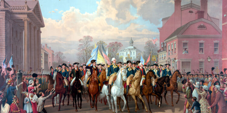 Digitally restored Revolutionary War painting of General George Washington and his men, triumphantly entering New York City as crowds cheer, November 25, 1783.