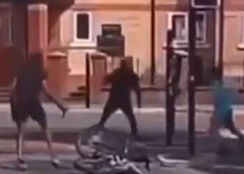 A brawl between five men with machetes unfolded in Manchester, England, as shown by video footage posted on July 13, 2026.