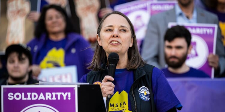 Maine Secretary of State Shenna Bellows speaks during a May Day rally organized by local unions, on May 1, 2026, outside City Hall in Portland, Maine.