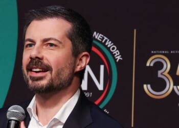 Former Transportation Secretary Pete Buttigieg speaks at the National Action Network convention in New York on April 10, 2026.