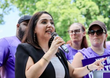 Rep. Delia Ramirez speaks during the SEIU rally on May 19, 2026, at the U.S. Capitol in Washington, D.C.