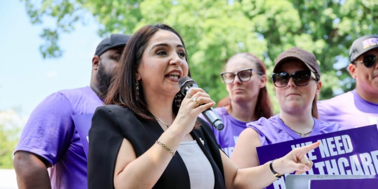 Rep. Delia Ramirez speaks during the SEIU rally on May 19, 2026, at the U.S. Capitol in Washington, D.C.