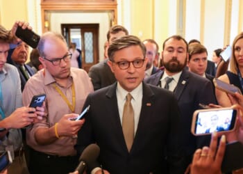Speaker Mike Johnson speaks to reporters outside of the House Chambers in the U.S Capitol Building on June 30, 2026, in Washington, D.C.