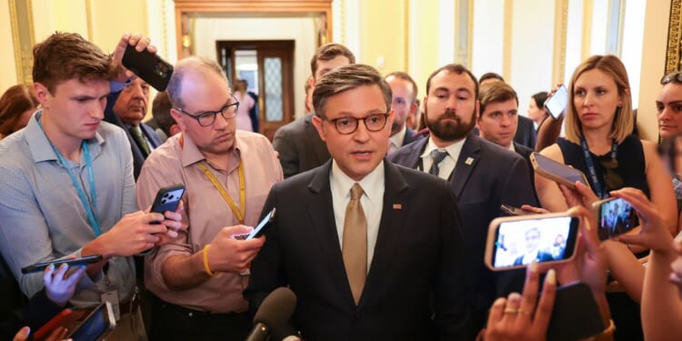 Speaker Mike Johnson speaks to reporters outside of the House Chambers in the U.S Capitol Building on June 30, 2026, in Washington, D.C.