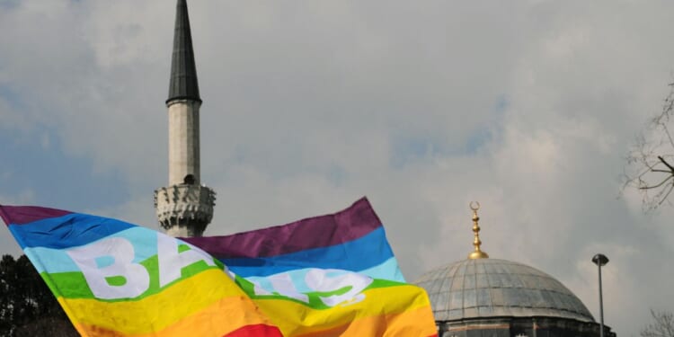 Turkish activists wave flags in front of a mosque in Istanbul on March 16, 2010, during a demonstration against Family Affairs Minister Aliye Selma Kavaf.