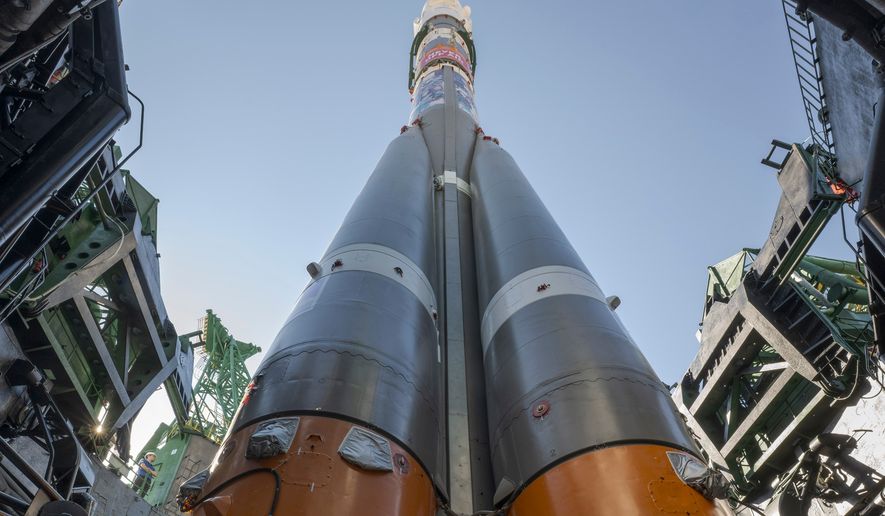 The Soyuz rocket is raised into position at the Site 31 launch pad of the Baikonur Cosmodrome in Kazakhstan, Saturday, July 11, 2026. (Bill Ingalls