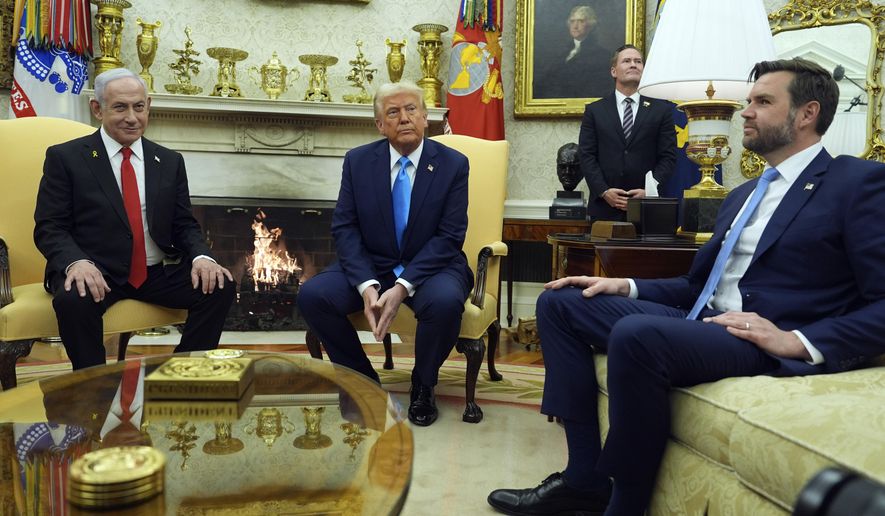 President Donald Trump meets with Israel's Prime Minister Benjamin Netanyahu in the Oval Office of the White House, Tuesday, Feb. 4, 2025, in Washington, as Vice President JD Vance listens. (AP Photo/Evan Vucci)