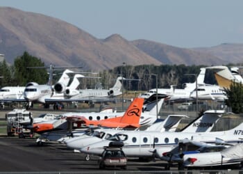 Private jets and airplanes are parked at Friedman Memorial Airport the week of the Allen & Company Sun Valley Conference on July 9, 2026, in Hailey, Idaho.