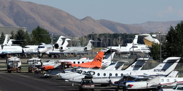 Private jets and airplanes are parked at Friedman Memorial Airport the week of the Allen & Company Sun Valley Conference on July 9, 2026, in Hailey, Idaho.