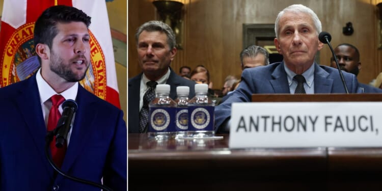 Florida Attorney General James Uthmeier, left, said he is launching an investigation against Dr. Anthony Fauci, right, to "get the truth of what happened during COVID.”