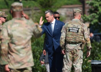 Secretary of War Pete Hegseth greets members of the U.S. National Guard after an event at Meridian Hill Park on July 2, 2026, in Washington, D.C.