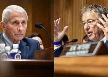 GOP Sen. Rand Paul of Kentucky, right, questions Dr. Anthony Fauci, left, Wednesday during a Senate Homeland Security and Governmental Affairs committee hearing on Capitol Hill in Washington, D.C.