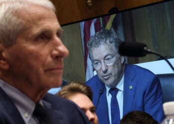 Committee Chairman U.S. Senator Rand Paul (R-KY) appears on a monitor as former NIH Director Anthony Fauci testifies before the Senate Homeland Security and Governmental Affairs Committee hearing on July 29, 2026 in Washington.