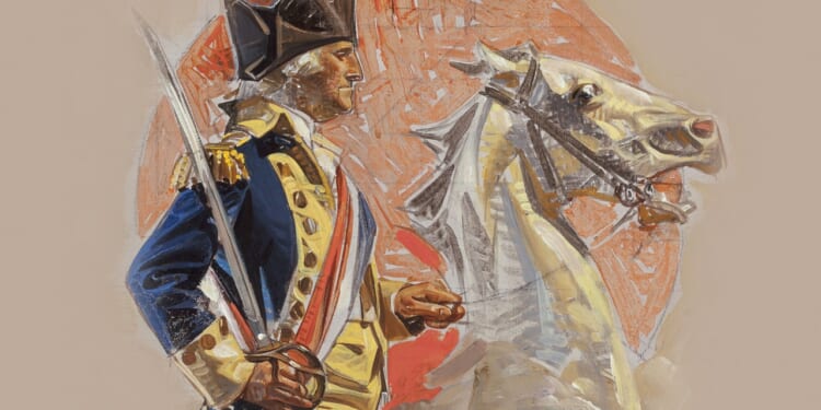 Illustration of George Washington, his sword drawn, as he rides a horse