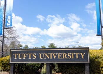 Signage on the Tufts University campus on March 27, 2025, in Somerville, Massachusetts.