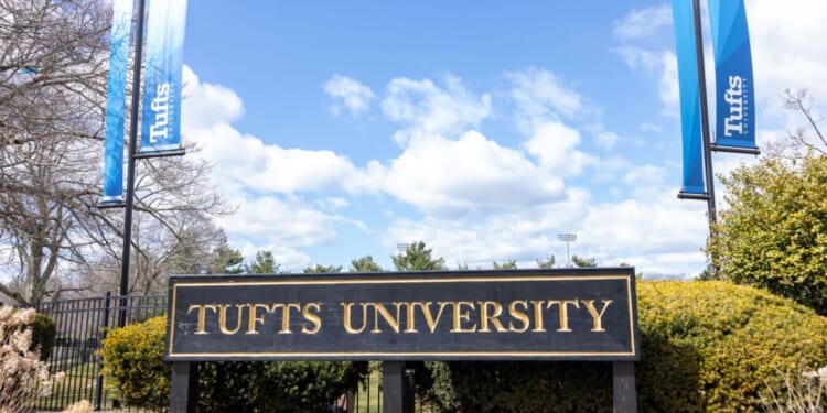 Signage on the Tufts University campus on March 27, 2025, in Somerville, Massachusetts.