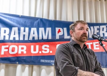 Democratic U.S. Senate candidate Graham Platner speaks to voters at a town hall at the Elks Lodge 188 on June 7, 2026, in Portland, Maine.