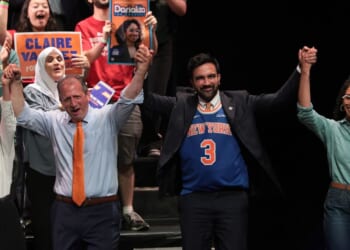 Congressional candidate Claire Valdez, Congressional candidate Brad Lander, Mayor Zohran Mamdani, and Congressional candidate Darializa Avila Chevalier raise their hands during a Get Out the Vote rally at King's Theater on June 18, 2026, in New York City.