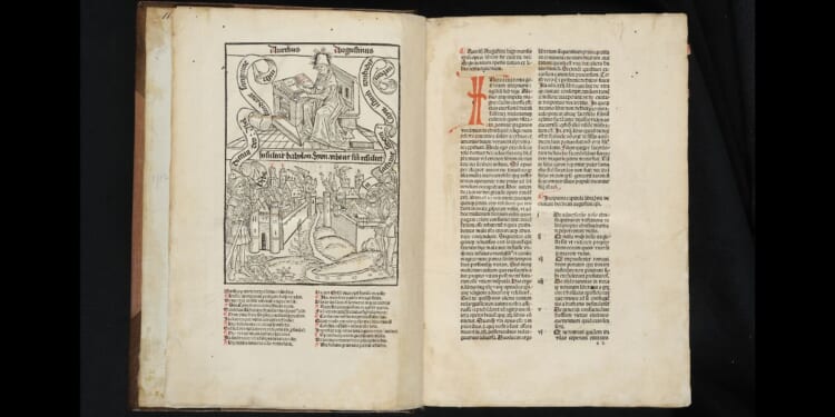 Illuminated pages of a book written in Latin by Augustine of Hippo.