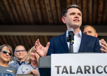 Democratic Texas State Rep. James Talarico speaks during a campaign launch rally.