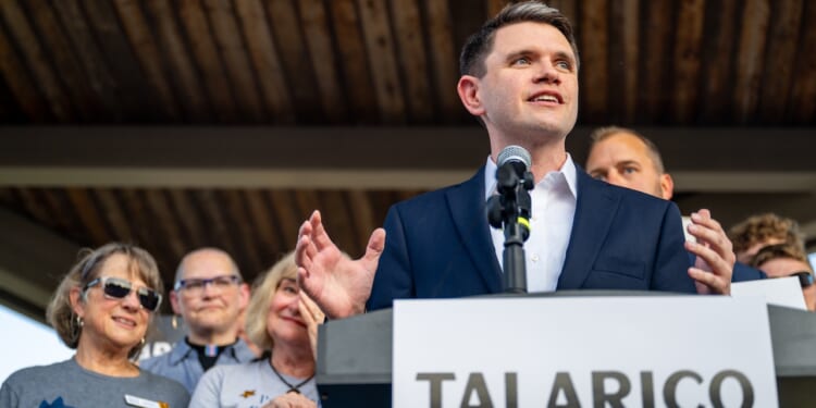 Democratic Texas State Rep. James Talarico speaks during a campaign launch rally.