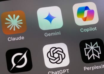 A screen on a phone displays the apps of multiple artificial intelligence systems.