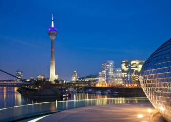 Düsseldorf Media Harbor at night in Germany.