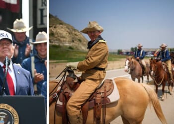 President Donald Trump was flanked during his speech by Rough Rider reenactors, left. At right, the Rough Riders escorted Trump's motorcade to the Theodore Roosevelt Presidential Library Wednesday in Medora, North Dakota.