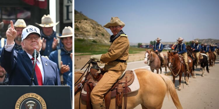 President Donald Trump was flanked during his speech by Rough Rider reenactors, left. At right, the Rough Riders escorted Trump's motorcade to the Theodore Roosevelt Presidential Library Wednesday in Medora, North Dakota.