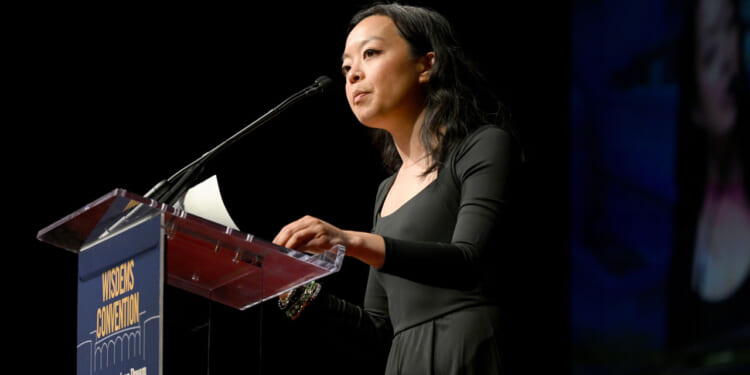 Socialist governor candidate Francesca Hong speaks on stage during Wisconsin Democrats 2026 Convention on June 14, 2026 in Madison, Wisconsin.