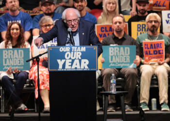 Socialst Sen. Bernie Sanders (I-VT) speaks during a Get Out the Vote (GOTV) rally at Kings Theater on June 18, 2026 in New York City. Sanders joined Mayor Zohran Mamdani ahead of next week's primary, and the start of early voting on Saturday, as the pair campaigned for Brad Lander, Claire Valdez and Darializa Avila Chevalier, who are challenging incumbents in Democratic primary contests. (Photo by Michael M. Santiago/Getty Images)