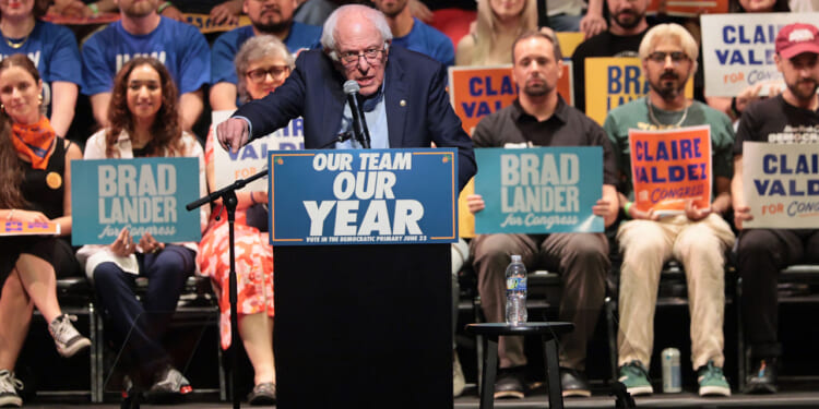 Socialst Sen. Bernie Sanders (I-VT) speaks during a Get Out the Vote (GOTV) rally at Kings Theater on June 18, 2026 in New York City. Sanders joined Mayor Zohran Mamdani ahead of next week's primary, and the start of early voting on Saturday, as the pair campaigned for Brad Lander, Claire Valdez and Darializa Avila Chevalier, who are challenging incumbents in Democratic primary contests. (Photo by Michael M. Santiago/Getty Images)