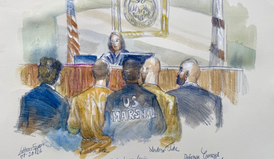 In this courtroom sketch Andrew and Tristan Tate appear with their attorneys before judge Lauren Louis in Miami federal court, Monday, July 20, 2026, in Miami. (Lothar Speer via AP)