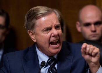 Sen. Lindsey Graham points at the Democrats as he defends Justice Brett Kavanaugh during the Senate Judiciary Committee hearing on his nomination, on Capitol Hill, Sept. 27, 2018, in Washington, D.C.