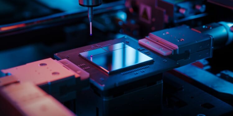 A microchip is pictured on a conveyor line.