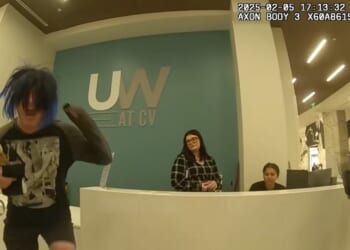 A transgender man sceams during a confrontation with police at the University of Central Florida in February 2025.