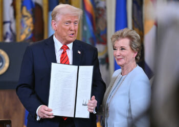 President Donald Trump and Department of Education Secretary Linda McMahon Standing