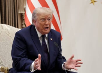 President Donald Trump gestures as he speaks during a bilateral meeting at the Bestepe Presidential Compound, following Trump’s arrival to attend the annual NATO Summit on July 7, 2026, in Ankara, Turkey.