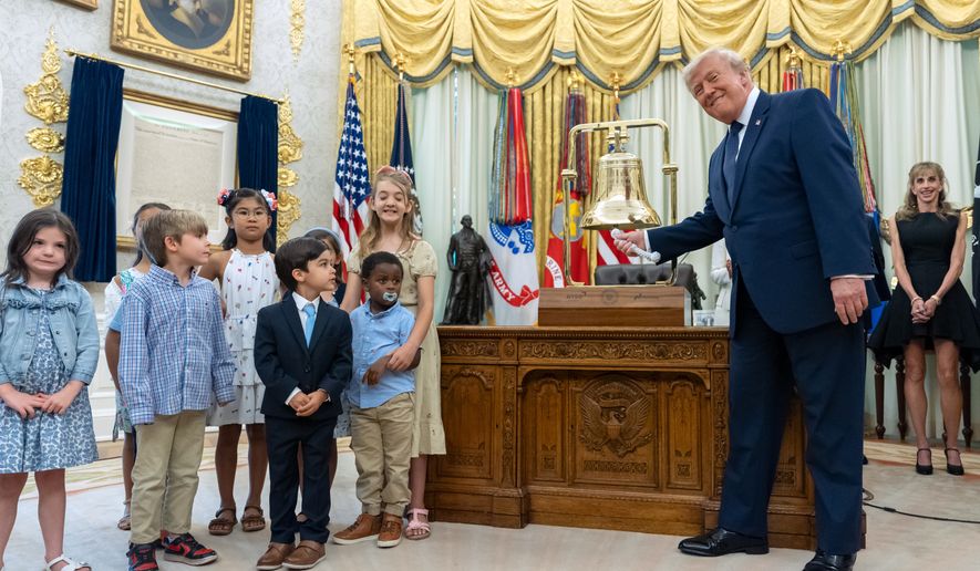 President Donald Trump rings the opening bell for the New York Stock Exchange and the Nasdaq in the Oval Office at the White House, Monday, July 6, 2026, in Washington. (AP Photo/Mark Schiefelbein)
