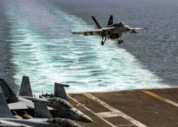 A Navy F/A 18E Super Hornet lands on the USS Abraham Lincoln in a file photo from the outbreak of Operation Epic Fury, the U.S. attack on Iran in February.