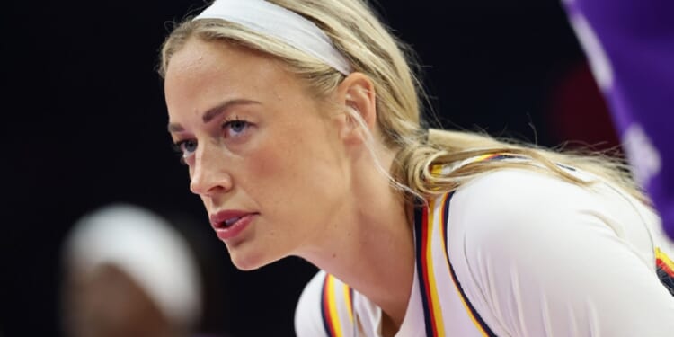 Sophie Cunningham, a guard for the WNBA's Indiana Fever and an outspoken defender of women's only sports, is pictured in a July 9 file photo from a game against the Phoenix Mercury.