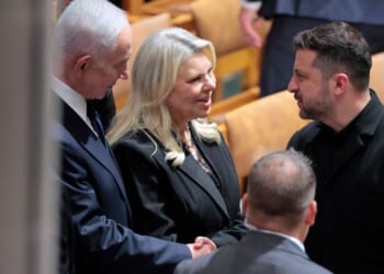 Israeli Prime Minister Benjamin Netanyahu, left, and his wife Sara Netanyahu greet Ukraine President Volodymyr Zelenskyy Tuesday at the conclusion of the funeral service for the late GOP Sen. Lindsey Graham of South Carolina at the Washington National Cathedral in Washington, D.C.