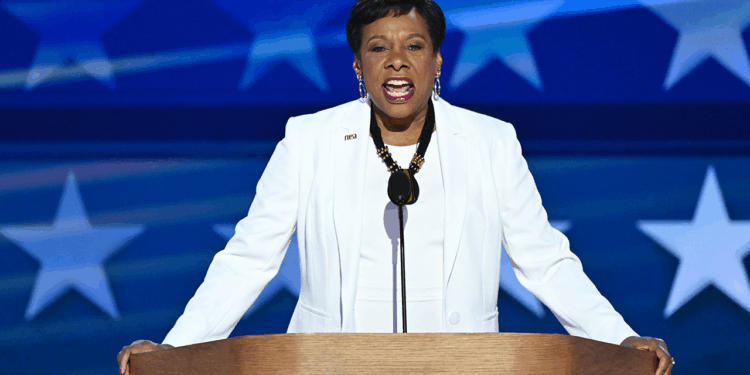 WASHINGTON - AUGUST 22: Becky Pringle, President of the National Education Association, speaks during the final night of the 2024 Democratic National Convention in Chicago on Thursday, August 22, 2024. (Bill Clark/CQ-Roll Call, Inc via Getty Images)