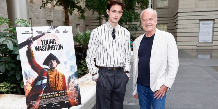 Actors William Franklyn-Miller, left, and Kelsey Grammer attend the "Young Washington" screening June 25 at the National Portrait Gallery in Washington, D.C.